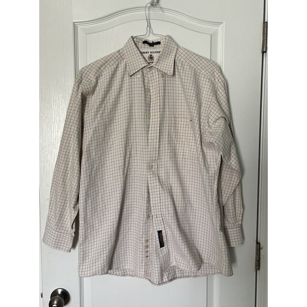 Vintage Tommy Hilfiger Shirt Mens 16-33 White Check Long Sleeve Button Up Cotton